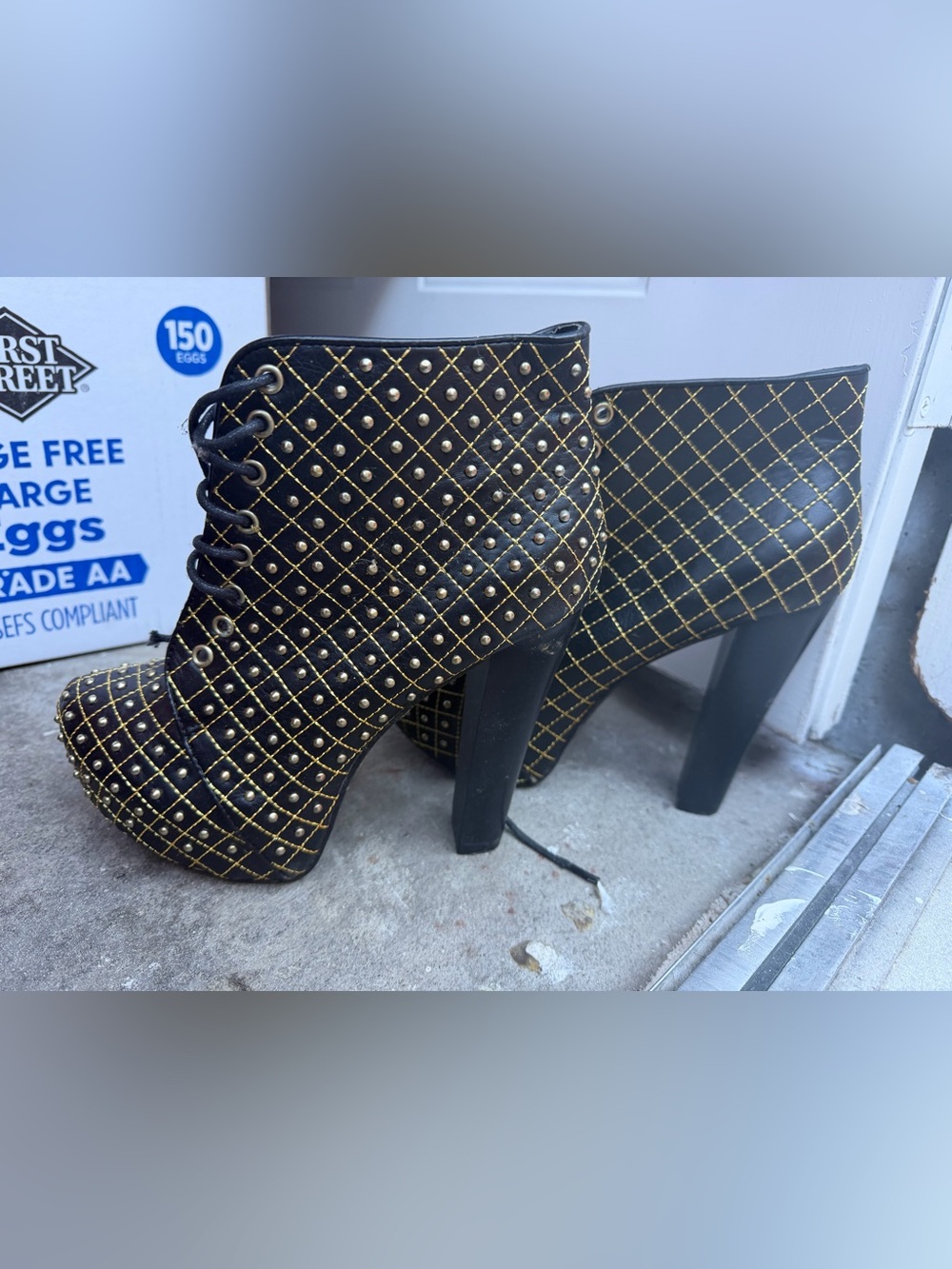 Charlotte Russe Black Lace-Up Platform Ankle Boots with Gold Stud Grid